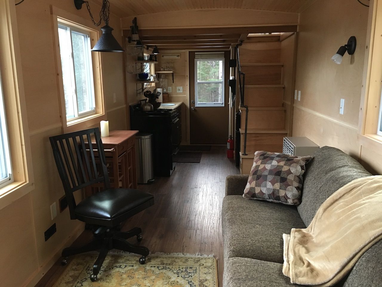 Inside a cabin converted from a train in the forest