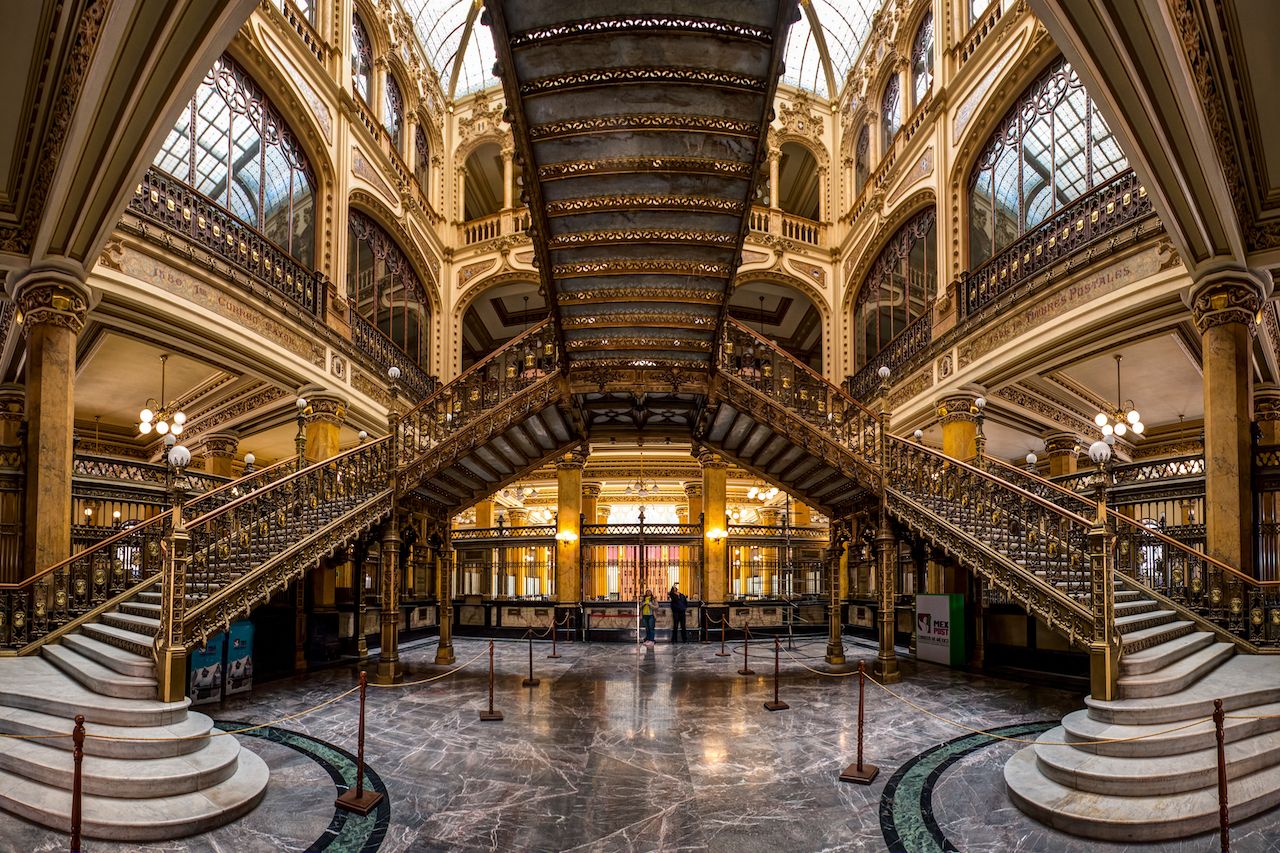 Inside the grand Postal Palace, a turn of the century post office in Mexico City