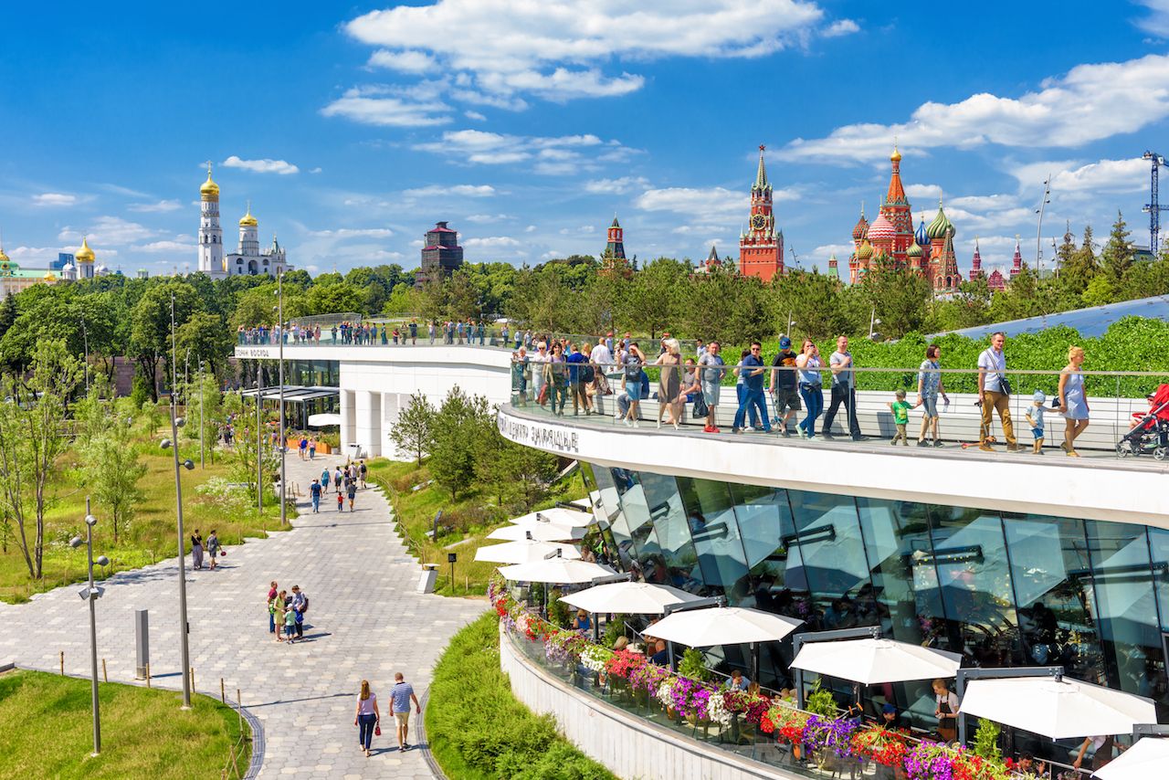 People stroll in Zaryadye Park near Moscow Kremlin