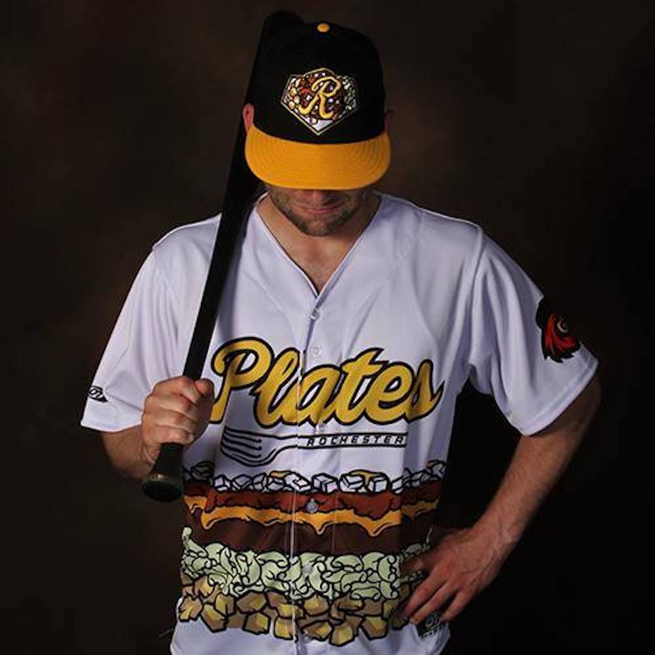 Rochester Red Wings baseball player wearing garbage plate jersey