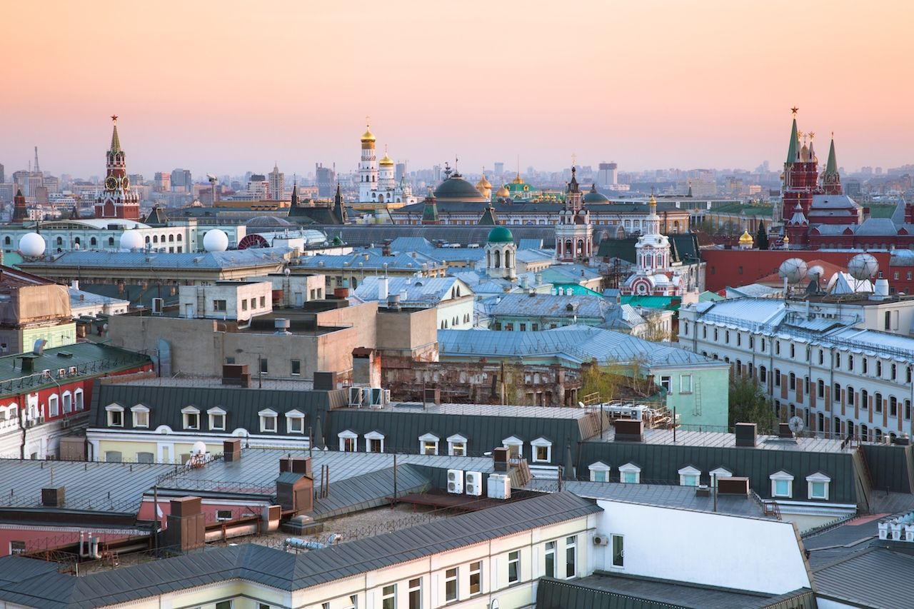 Sunset view of Moscow with beautiful Kremlin together