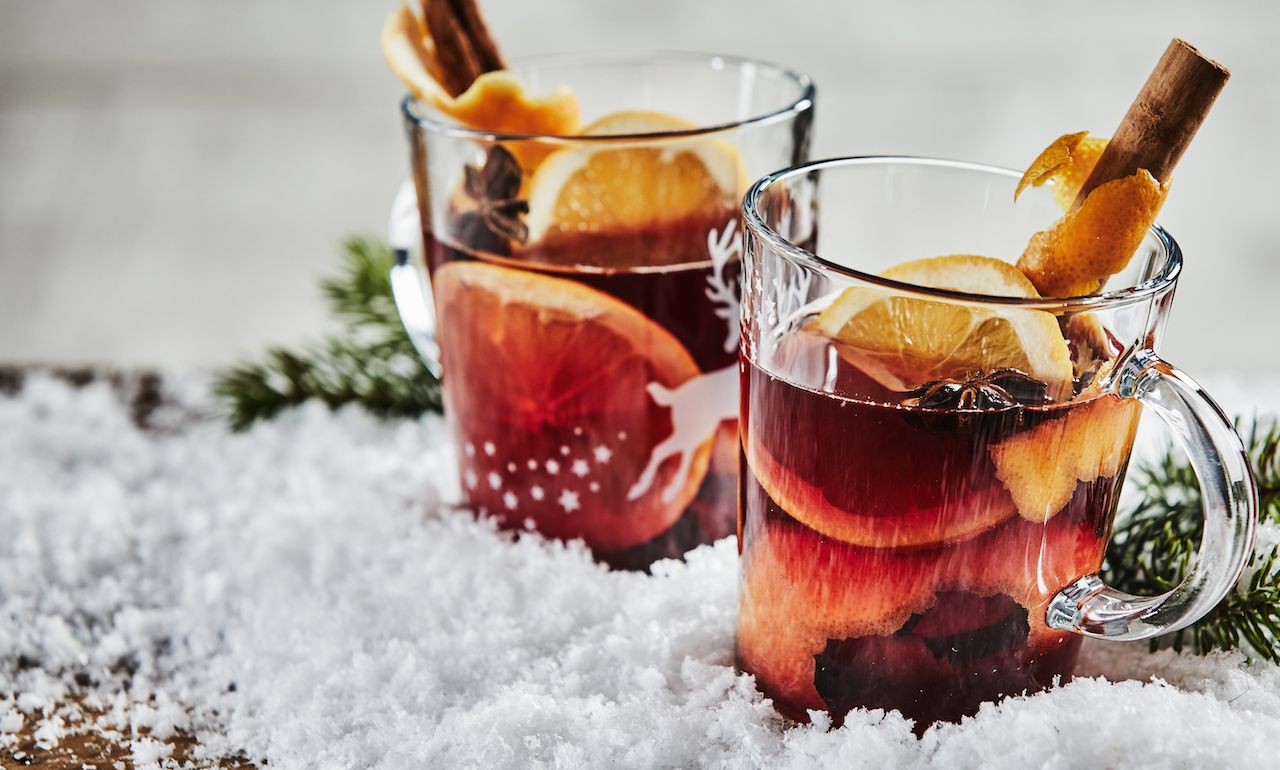 Two glasses of traditional spicy Christmas mulled hot gluhwein