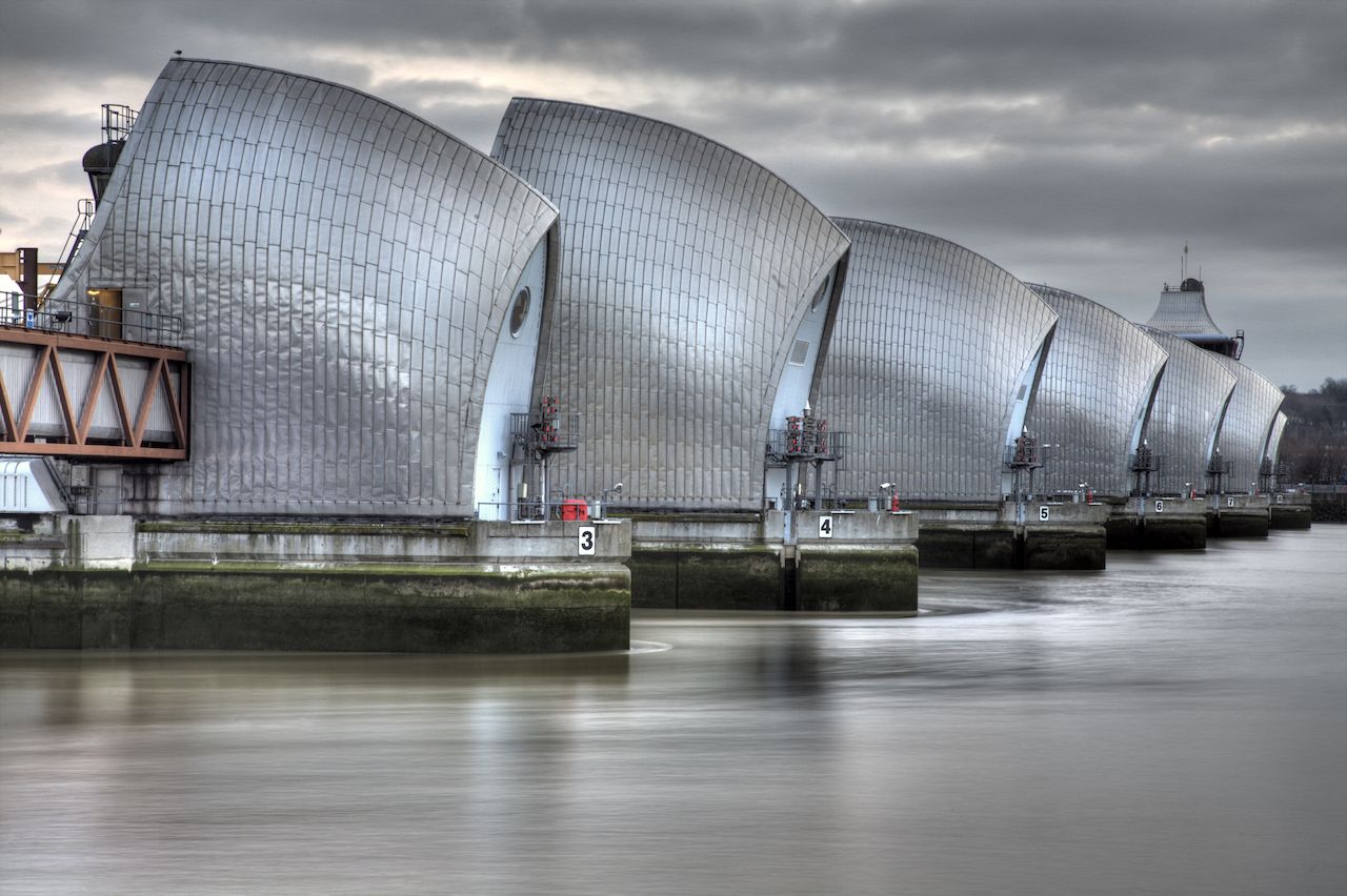 View of the Thames Barrier, a large moveable flood barrier in London