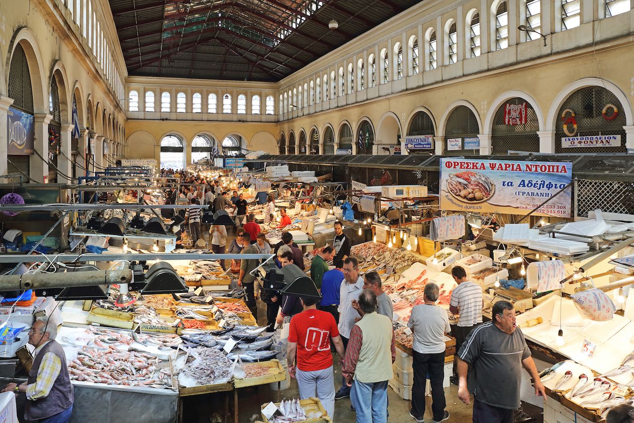 Fishmongers and seafood stalls in a food market in Athens