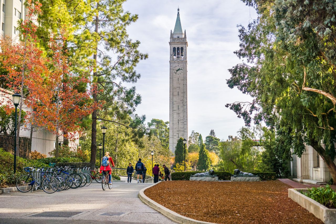 Students and visitors walking through the Berkeley campus on a sunny autumn day