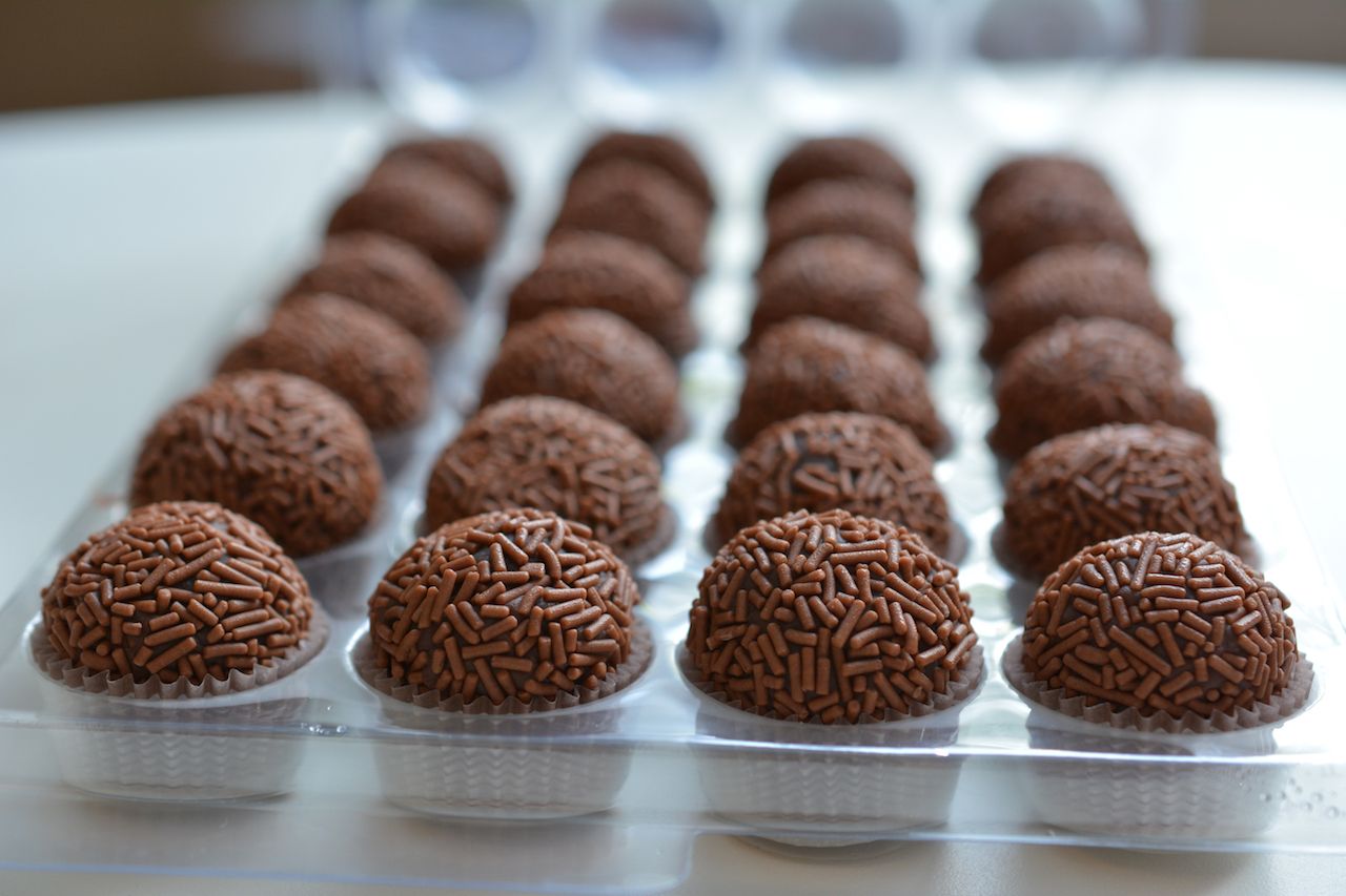 Traditional Brazilian brigadeiro sweets covered in chocolate