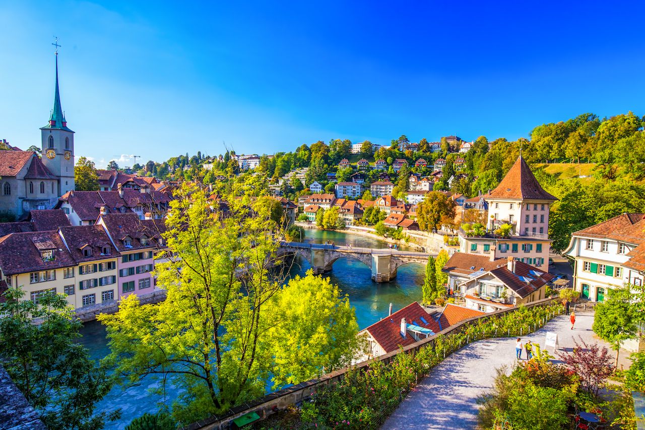 View of Bern old city center with river Aare. Bern is capital of Switzerland and fourth most populous city in Switzerland