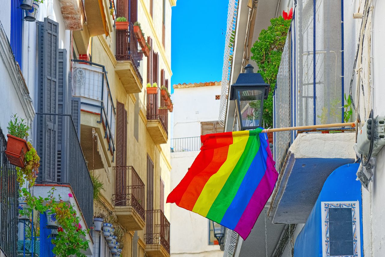 City views and gay flags on buildinds in a small town in the outskirts of Barcelona