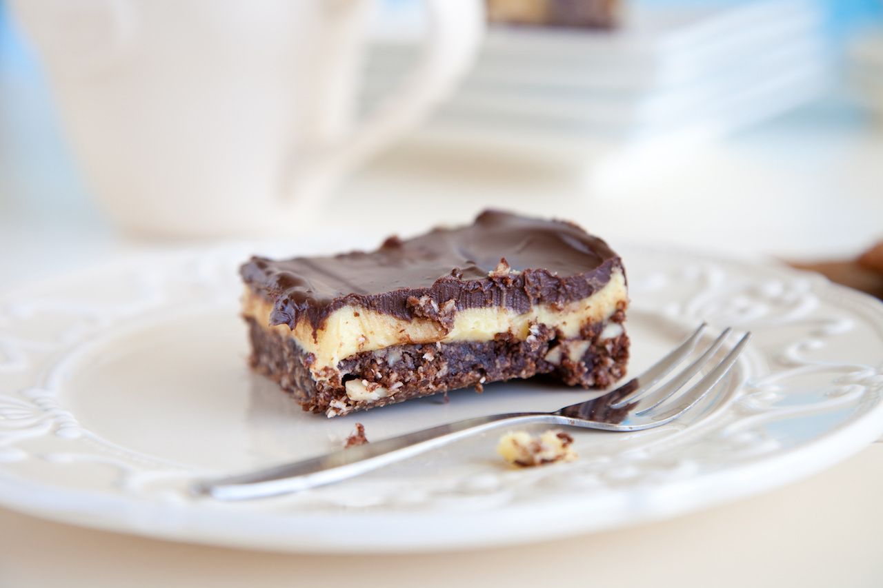 Delicious nanaimo bar with chocolate, custard and coconut