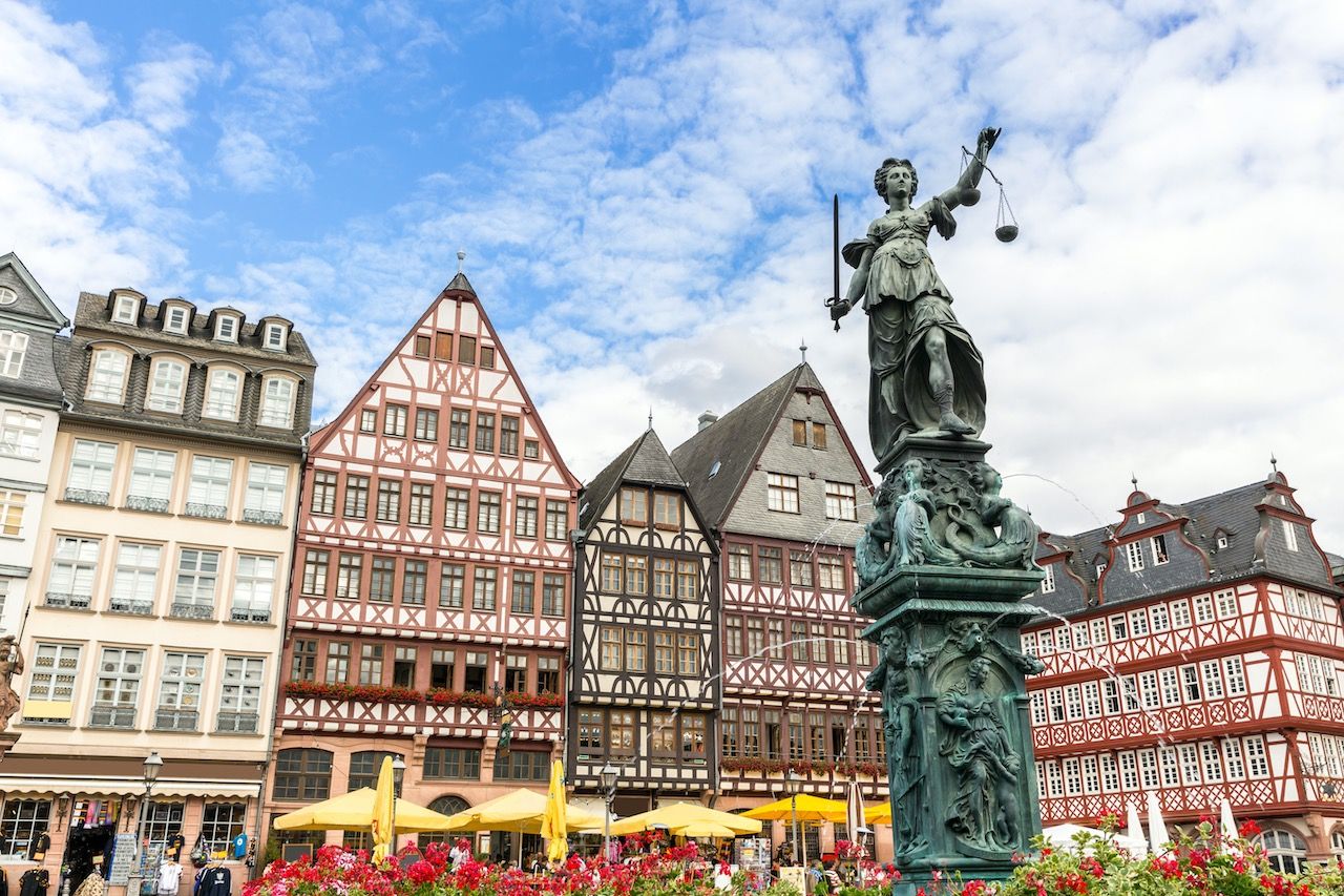 Frankfurt old town with the Justitia statue