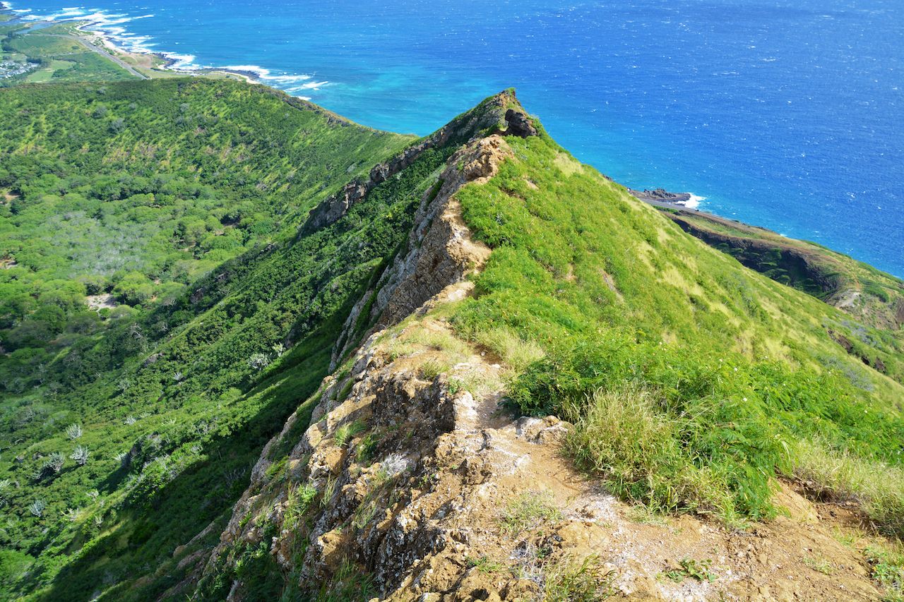 Koko Head hike, tropical volcanic landscape, crater ridge and ocean, Oahu, Hawaii