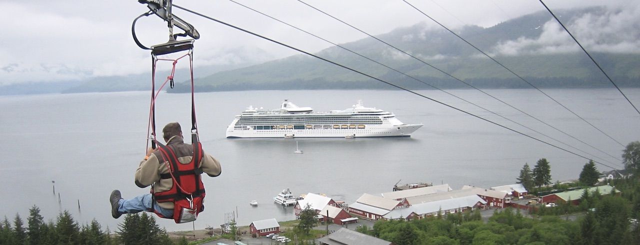 Person zip lining in Alaska