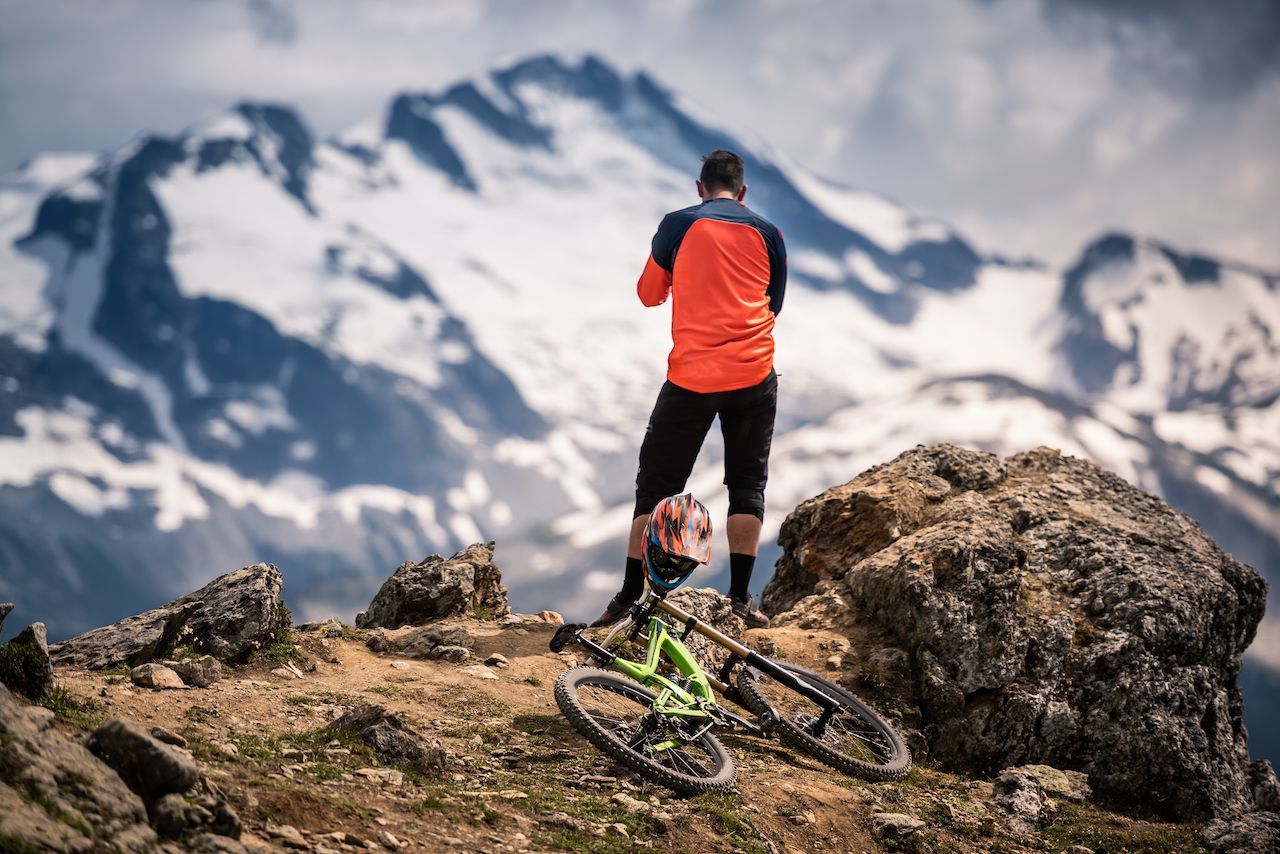 Bike rider in beautiful mountain landscape in Whistler BC, Canada