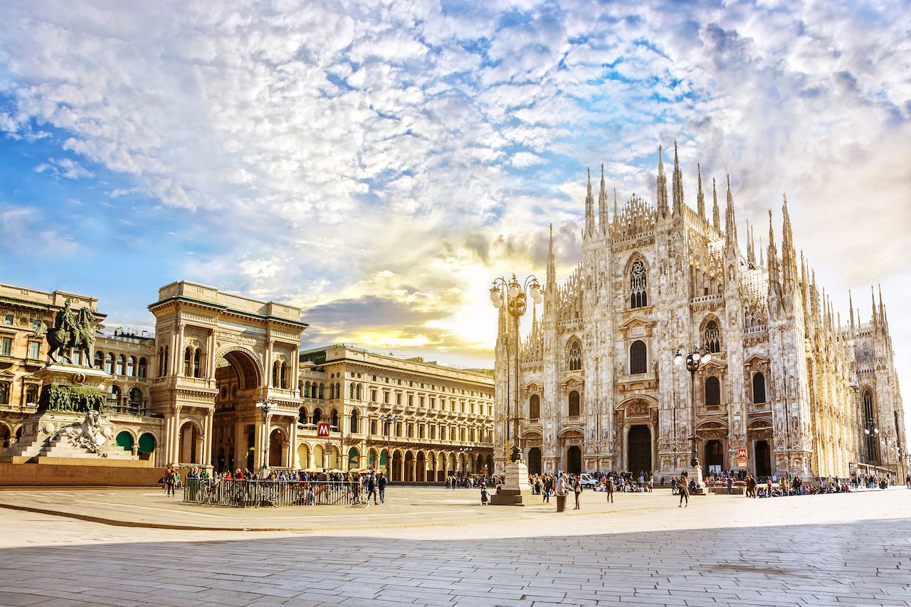 Cathedral Duomo di Milano and Vittorio Emanuele gallery Square Piazza Duomo at sunny morning, Milan, Italy
