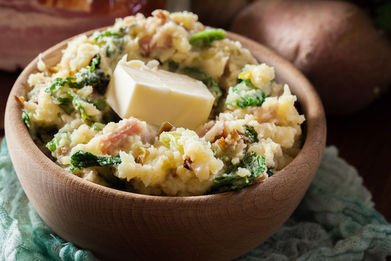Colcannon, traditional Irish dish with mashed potatoes, bacon and cabbage