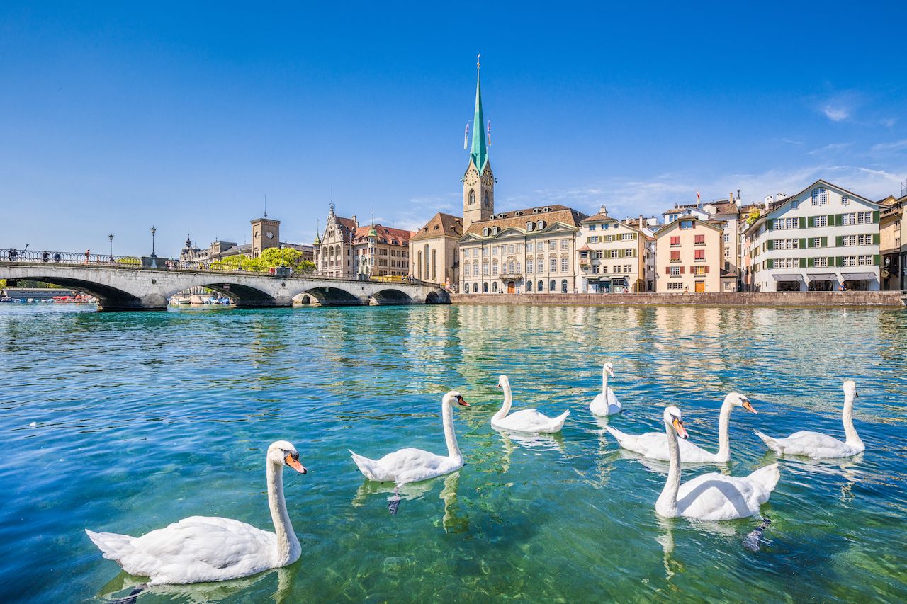 Fraumunster Church and swans on Limmat river on sunny day with blue sky, Canton of Zurich, Switzerland