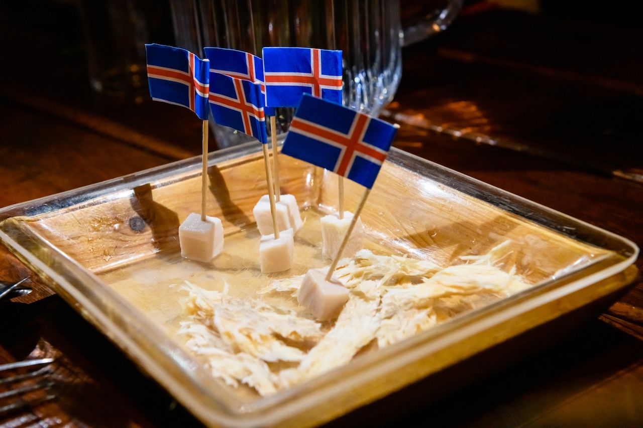 Hakarl fermented meat shark with dried fish in Iceland