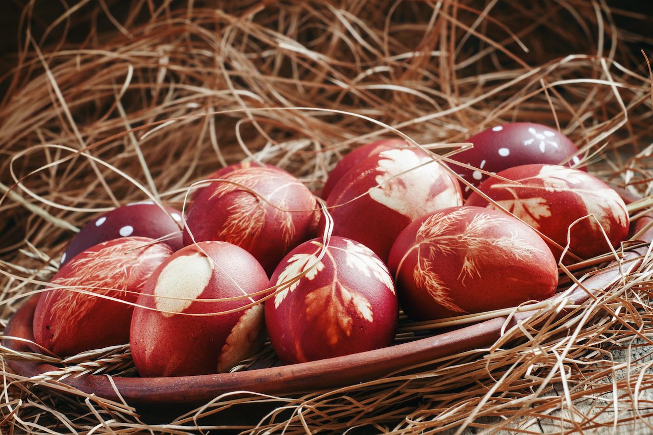 Painted brown onion peel Easter egg