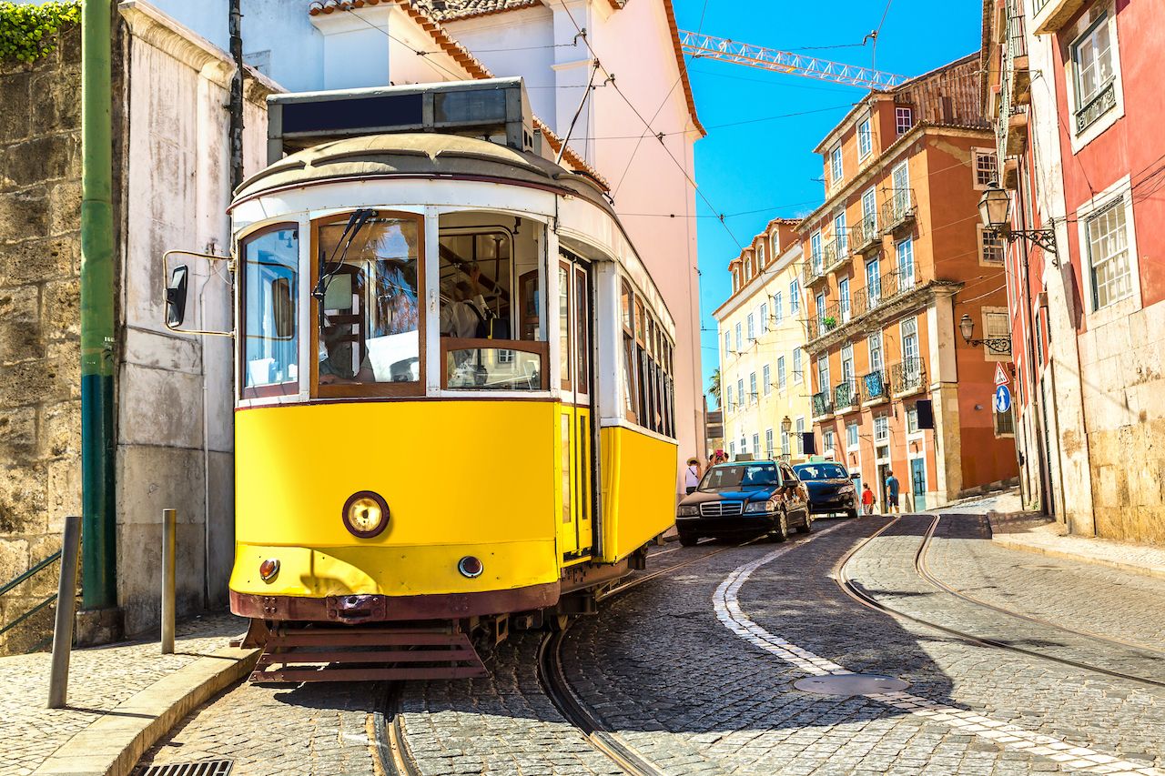 Vintage tram in Lisbon, Portugal in a summer day