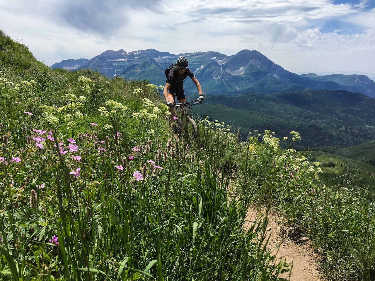 A cyclist descends to a single track trail in front of a high alpine mountain peak