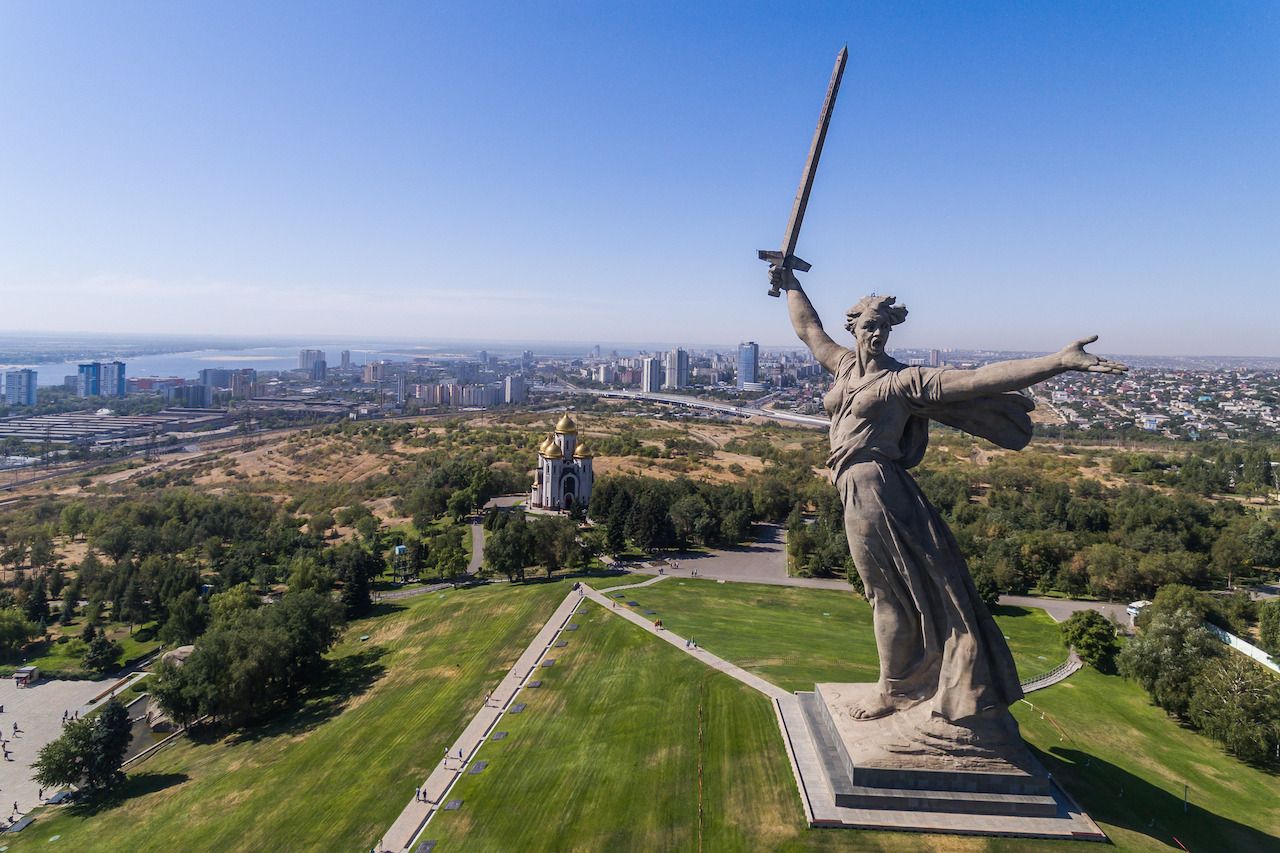 Aerial view of the statue The Motherland calls in Volgograd, Russia