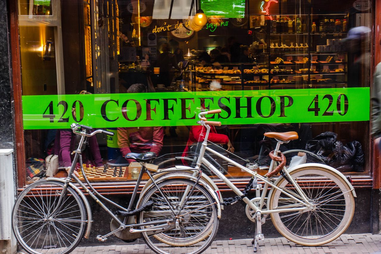 Amsterdam coffeeshop window with parked bikes