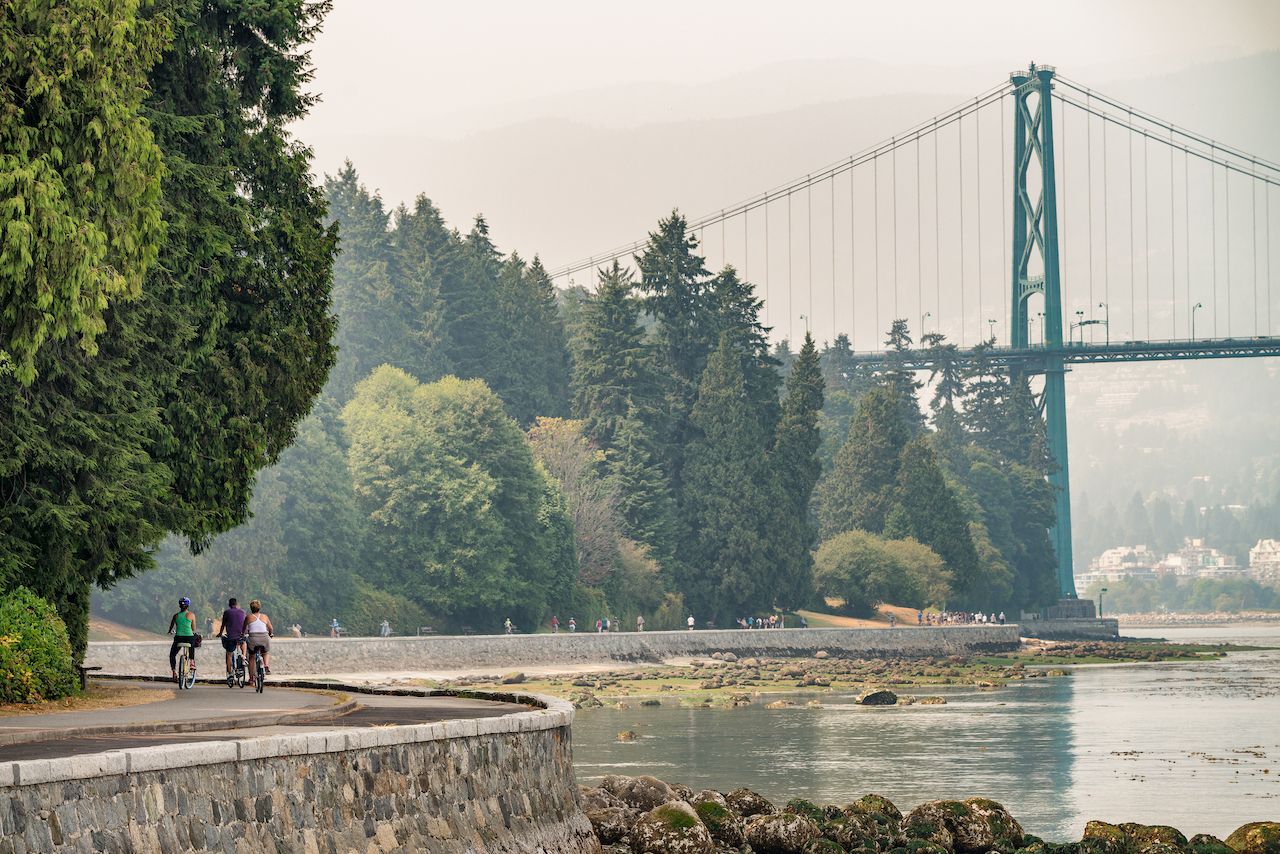 Biking along Stanley Park in Vancouver, Canada