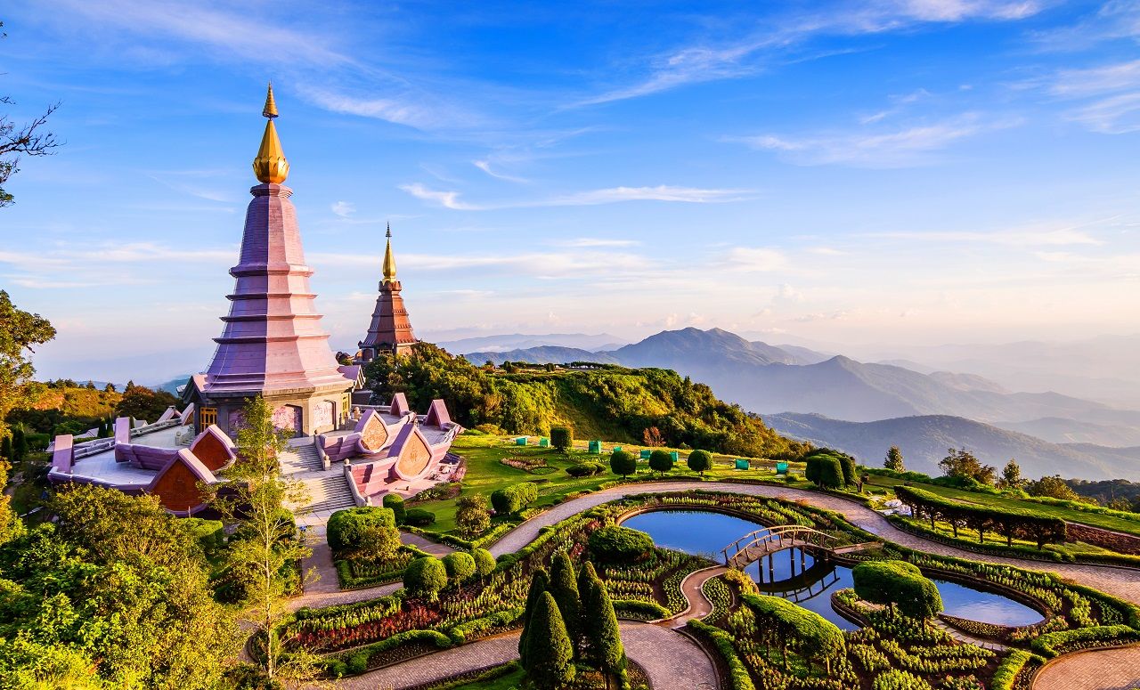 Landscape of two pagoda on the top of Inthanon mountain, Chiang Mai, Thailand