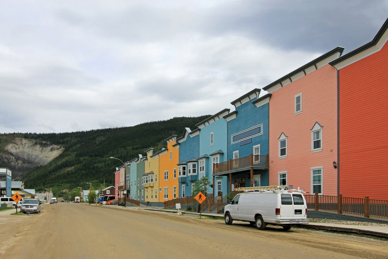 Main street with typical traditional wooden houses in Dawson City, Yukon, Canada