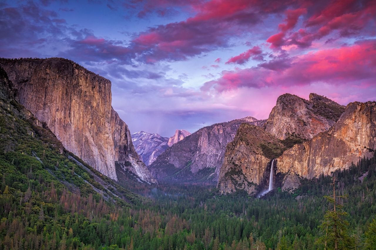 Vibrant sunset over Tunnel View in California's Yosemite National Park