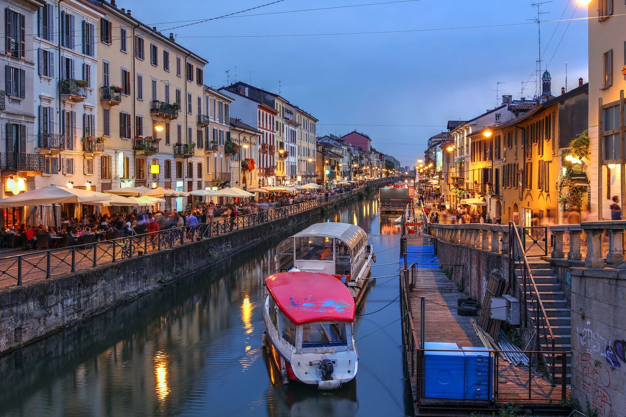 Evening scene along the Naviglio Grande canal in Milan, Italy