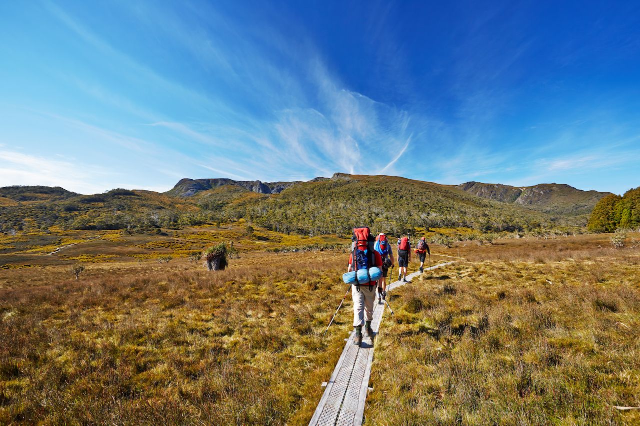 Hikers on Overland Trail in Tasmania, Australia
