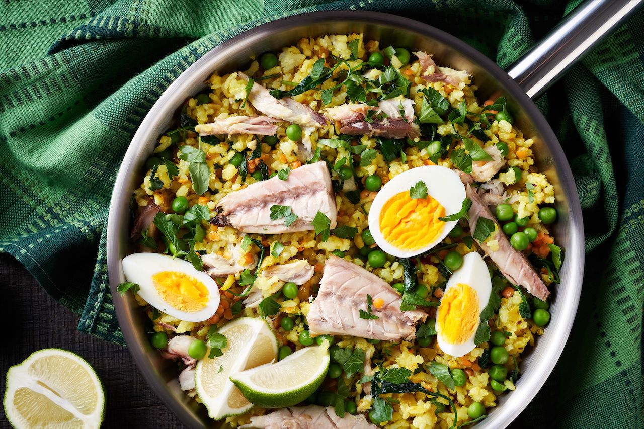 pot of Kedgeree topped with fish and hard boiled eggs-Scottish foods