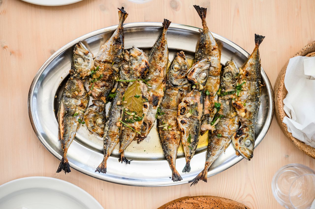 Silver tray full of delicious fish mackerel known as Carapau in Portugal