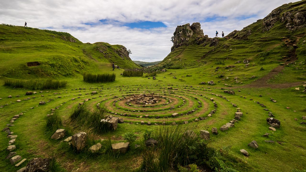 Stone circle made by tourists at fairy Glen, Isle of Skye, Scotland