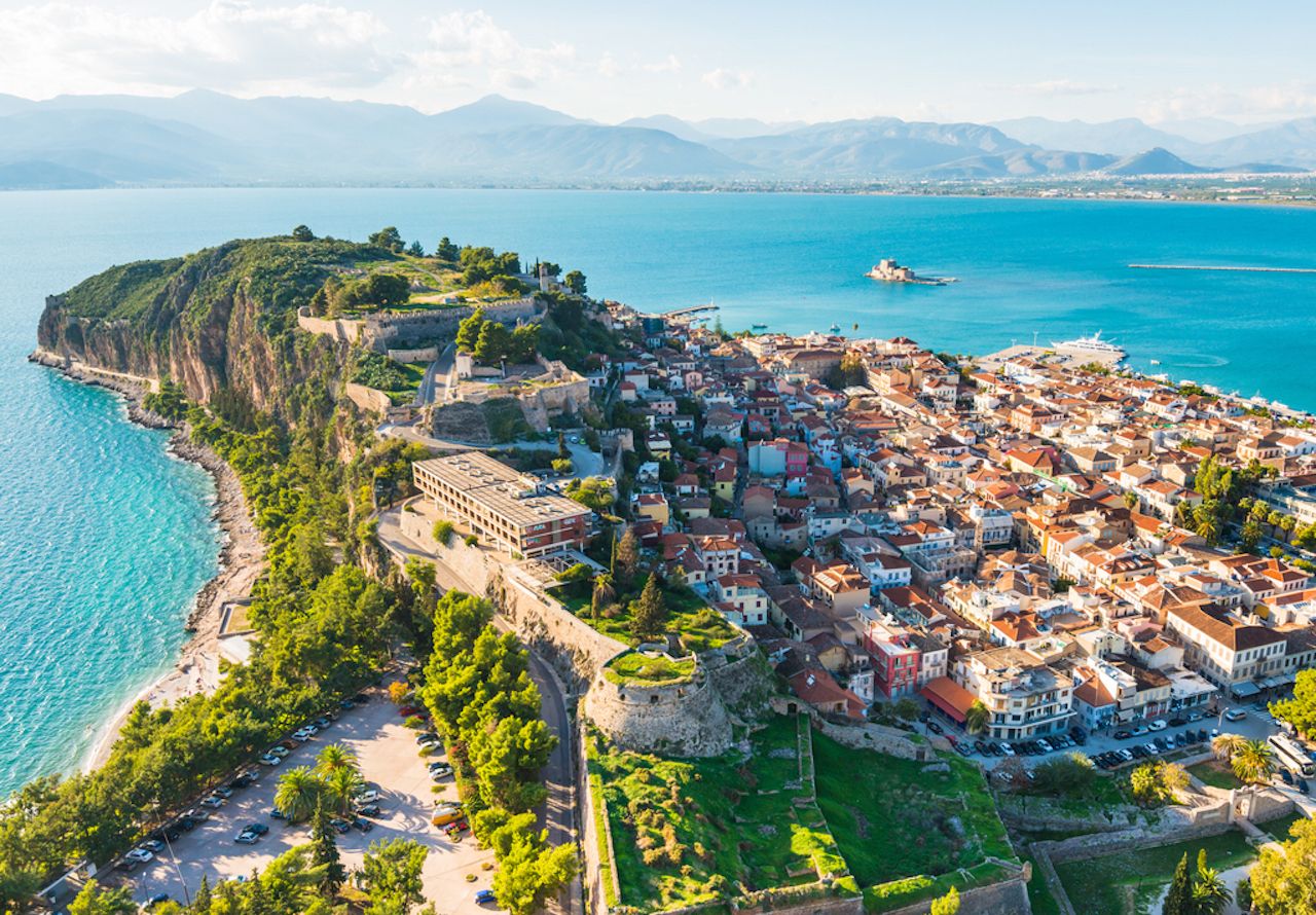 View from above on Nafplio city in Greece with port