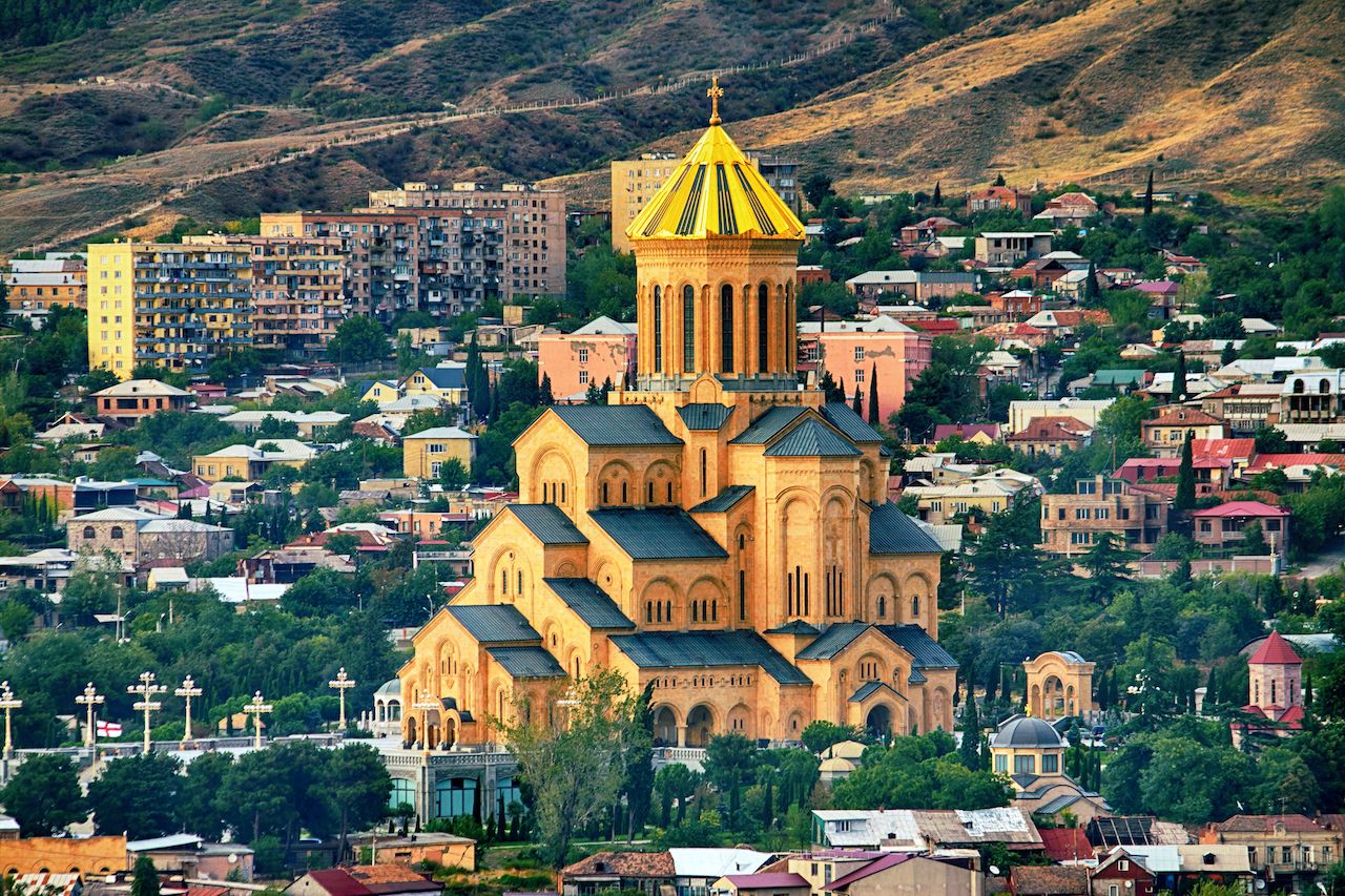 View of the Holy Trinity Cathedral Tsminda Sameba in Tbilisi, Georgia