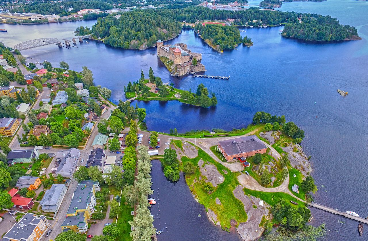 Aerial view of Olavinlinna Olofsborg Medieval Castle in Savonlinna, Finland