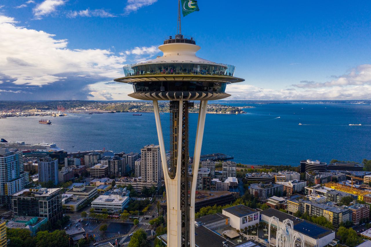 Seattle Space Needle with view of Elliott Bay