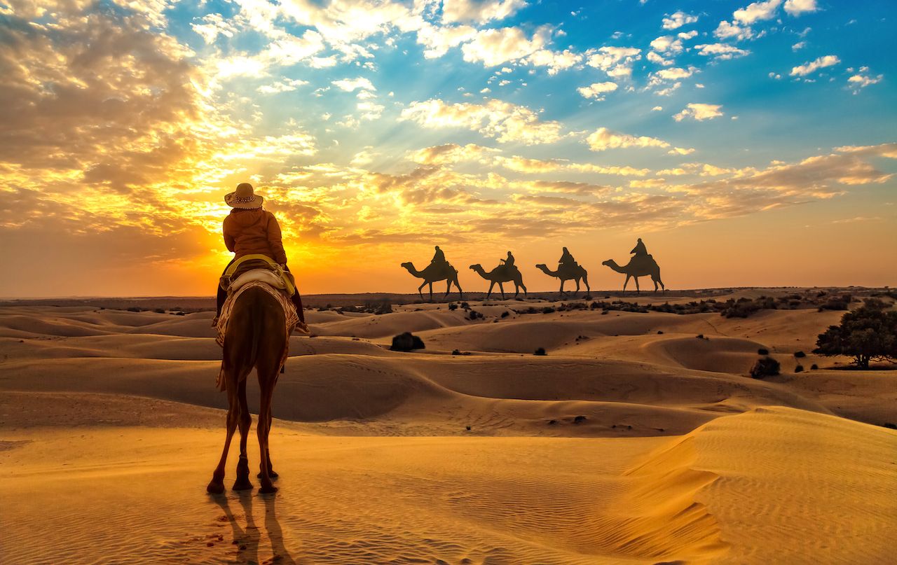 tourist on camel safari at the Thar desert