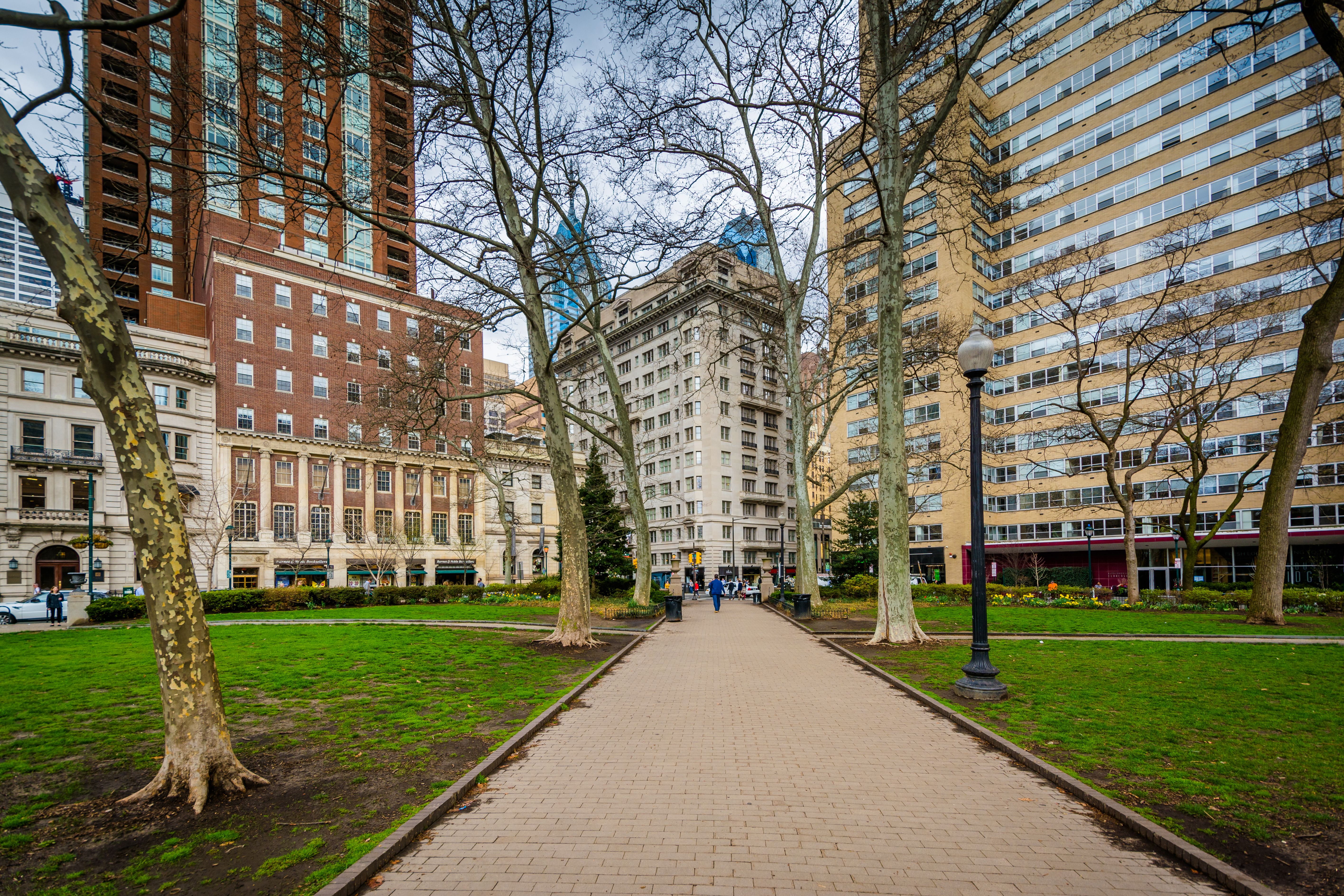 Walkway and buildings at Rittenhouse Square, in Philadelphia, Pennsylvania
