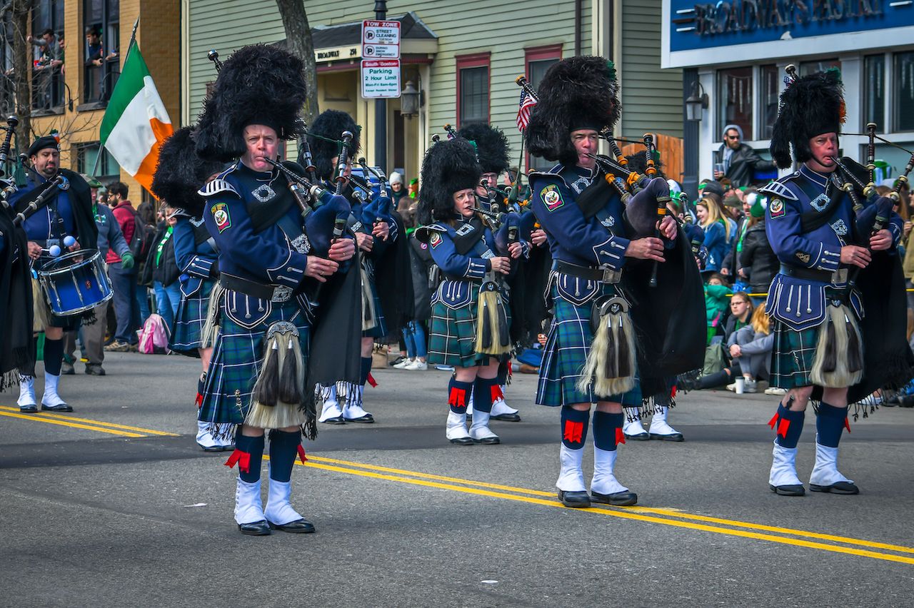 Bagpipers perform in the Boston St Patrick's Day Parade
