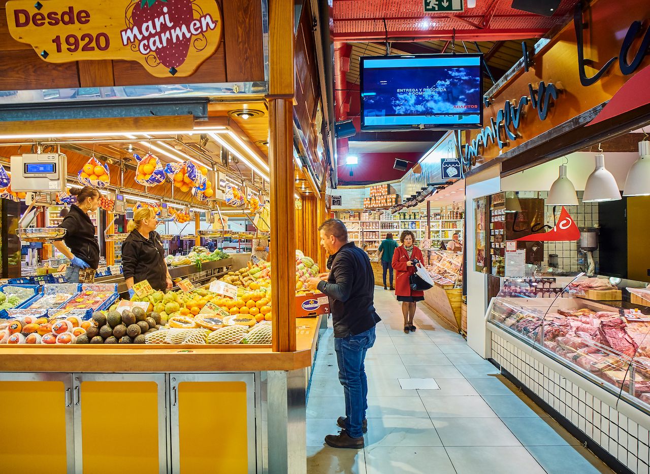 Stalls of the Mercado de La Paz Market in Madrid