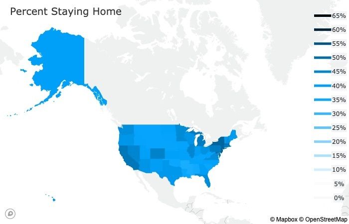 Map percentages of Americans staying at home on April 13