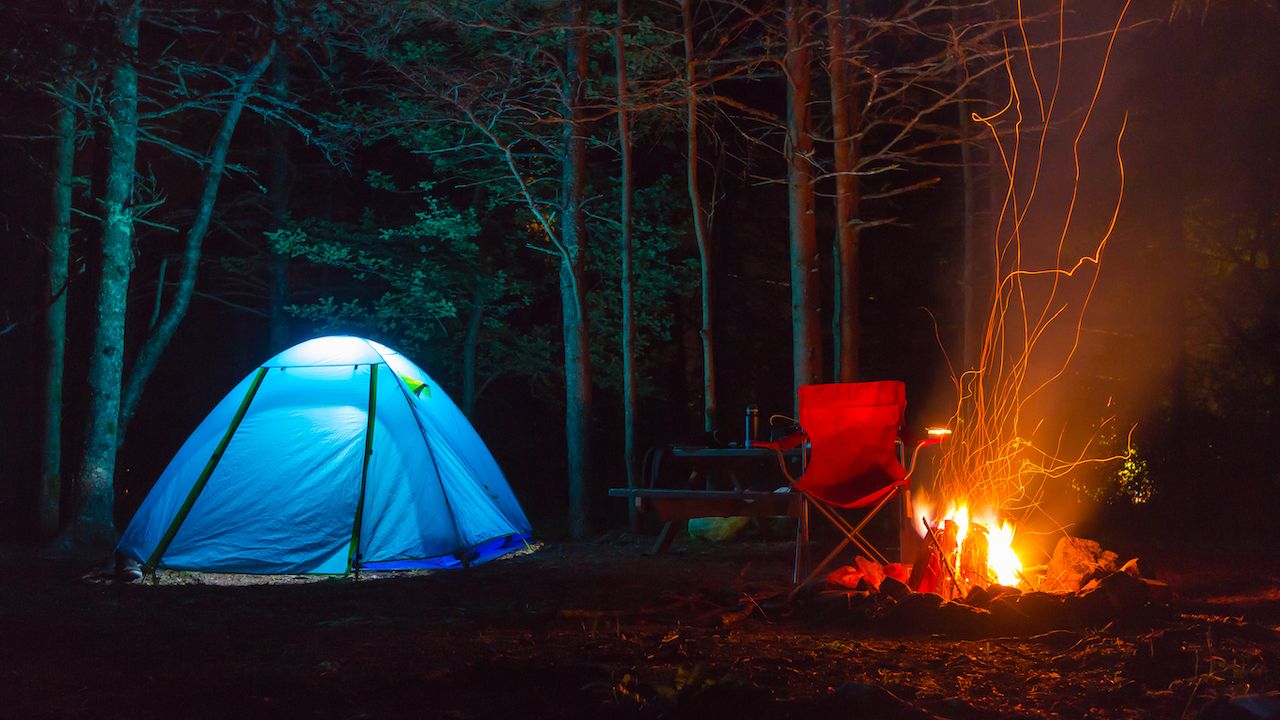 Camping with a fire at Acadia National Park, Maine